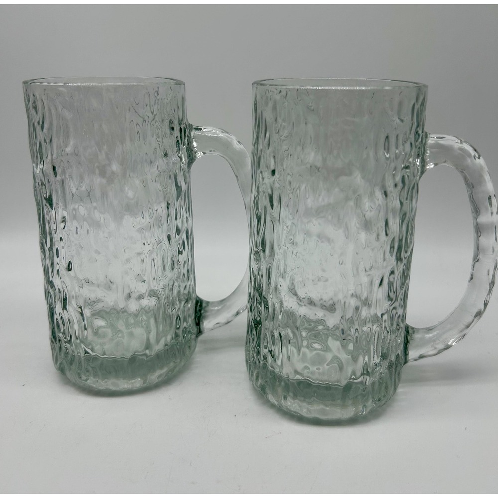 Vintage Glass Tree Bark Ice Pattern Beer Glasses Steins Mugs Set Of 2 Handled